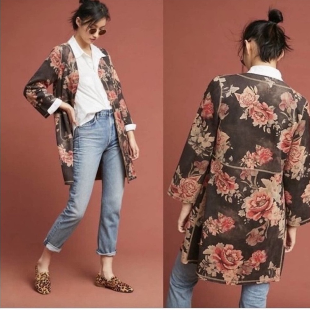 Anthropologie Solitaire Faux Suede Jacket statement piece cherry red floral - Picture 11 of 13